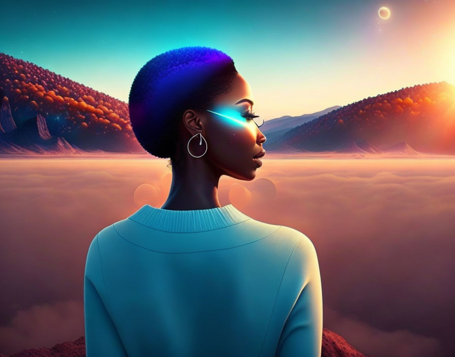 Vibrant digital art portrait of a woman in surreal landscape