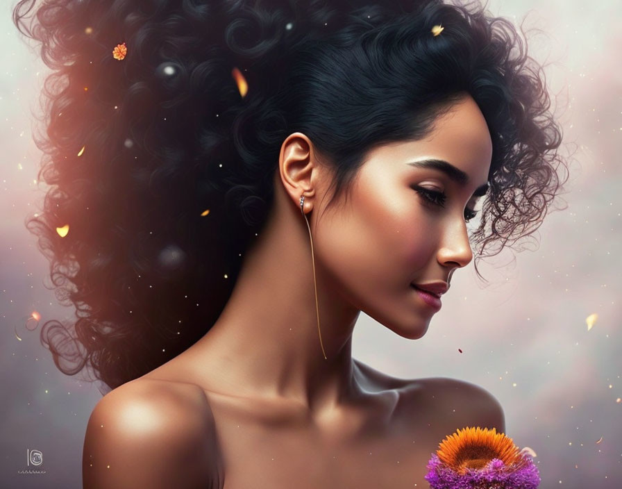 Digital artwork of woman with dark hair and glowing particles, looking down with purple flower.