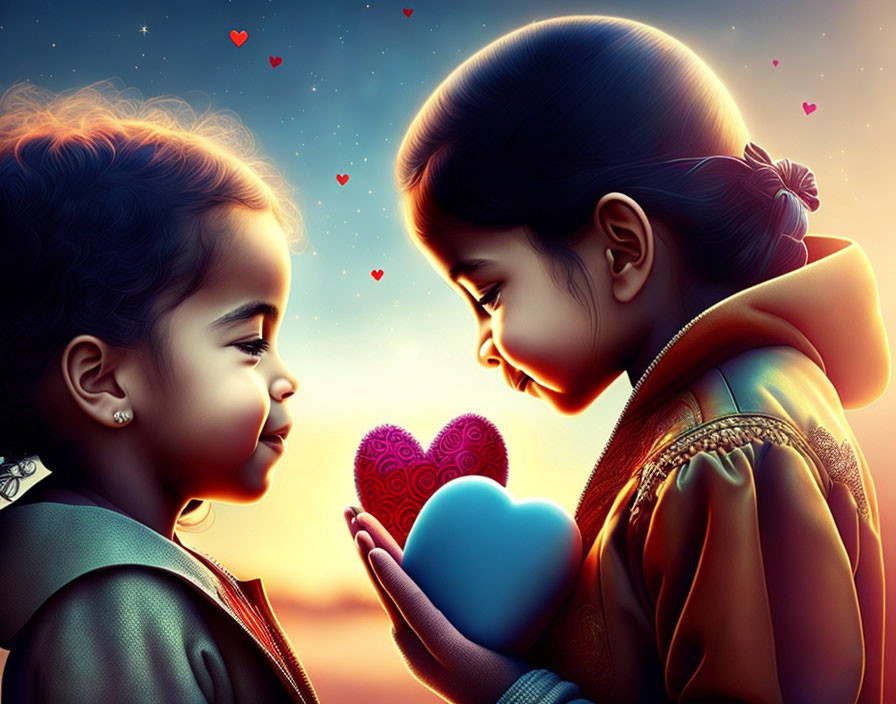 Children exchanging hearts at sunset with floating heart shapes