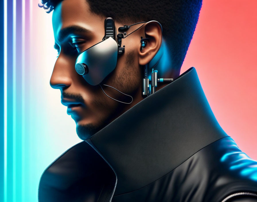 Profile View of Person with Cybernetic Enhancements on Neon Background