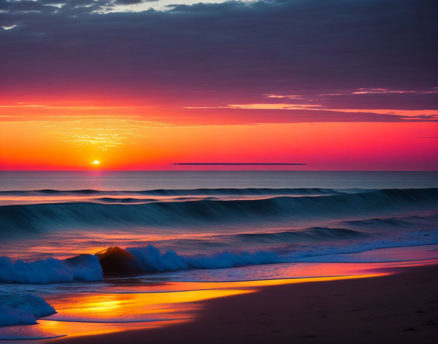 Colorful Beach Sunset with Fiery Sky and Ocean Waves