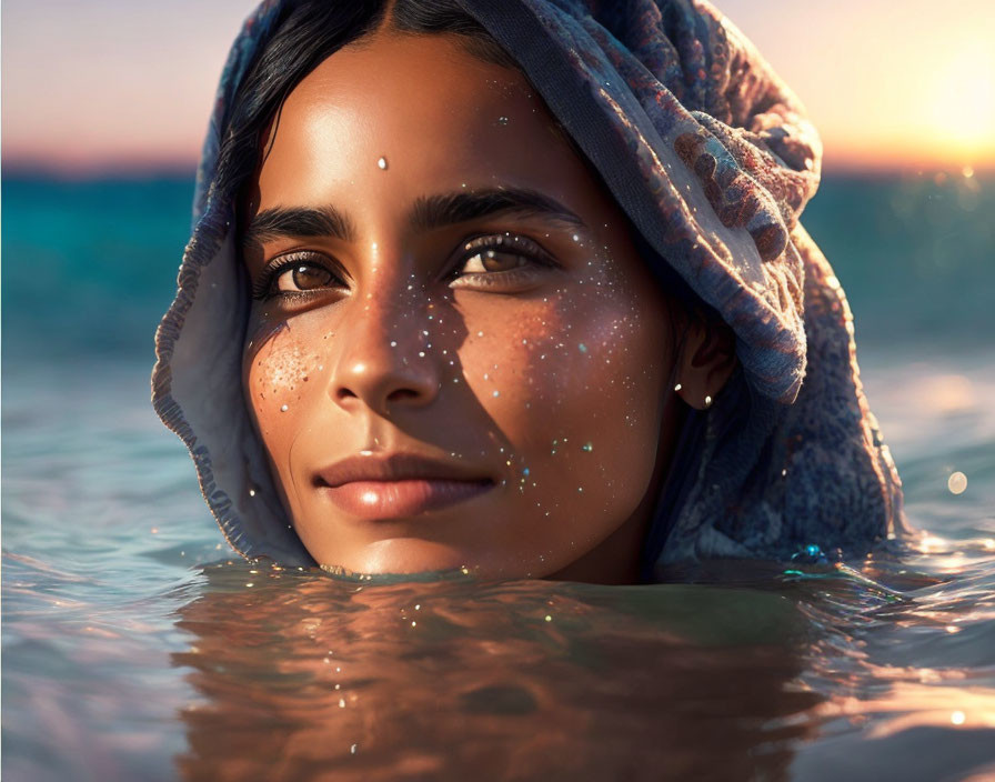 Woman with headscarf emerges from water at sunset with glistening droplets.