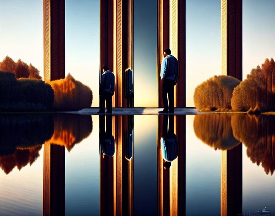 Men standing in front of reflective building near calm water and clear sky