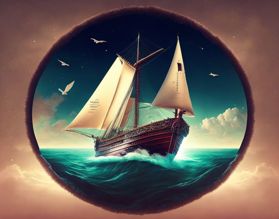 Circular framed vintage sailing ship on turquoise waves in a surreal setting