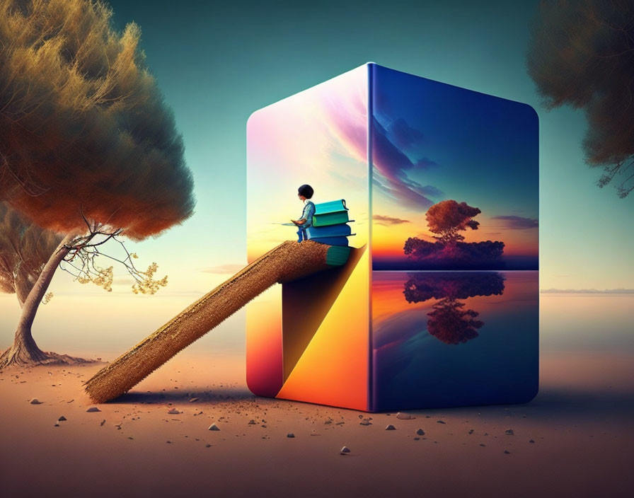 Person sitting on books next to giant e-reader showing sunset over serene landscape