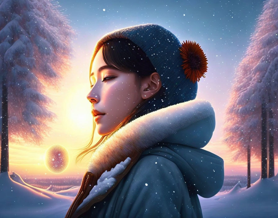 Woman in winter attire gazes in snowy forest with glowing orb