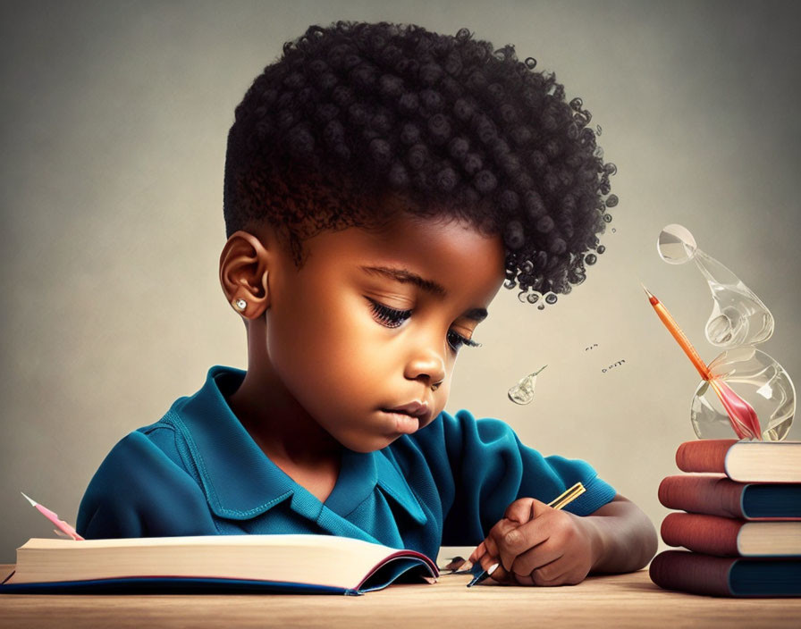 Young child writing with books and hourglass symbolizing study and time