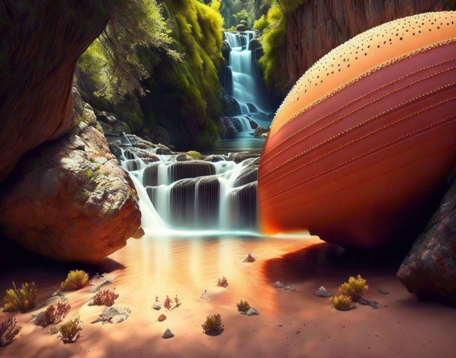 Surreal landscape with cascading waterfall, lush greenery, and giant striped spherical object.