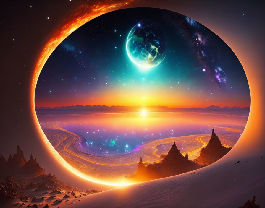 Gigantic planet at sunset with cosmic ring in surreal landscape