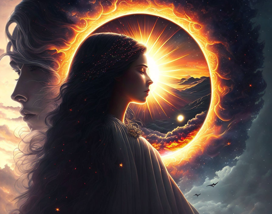 Woman's profile blending into cosmic eclipse with stars, clouds, and birds.