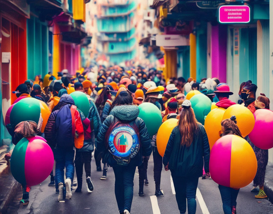 Colorful balloons and vibrant buildings in lively street scene