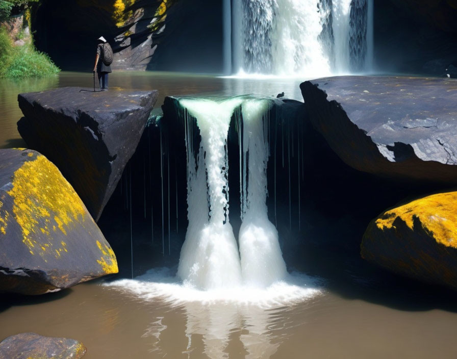 Person Contemplating Waterfall on Moss-Covered Rocks