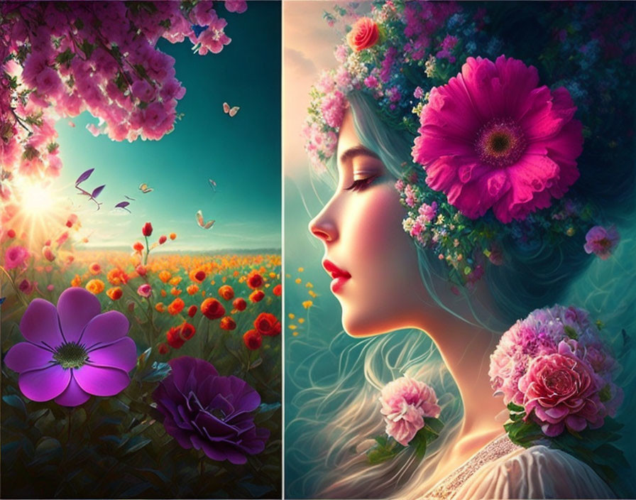 Colorful artwork: Field of flowers at sunset next to woman with floral hair