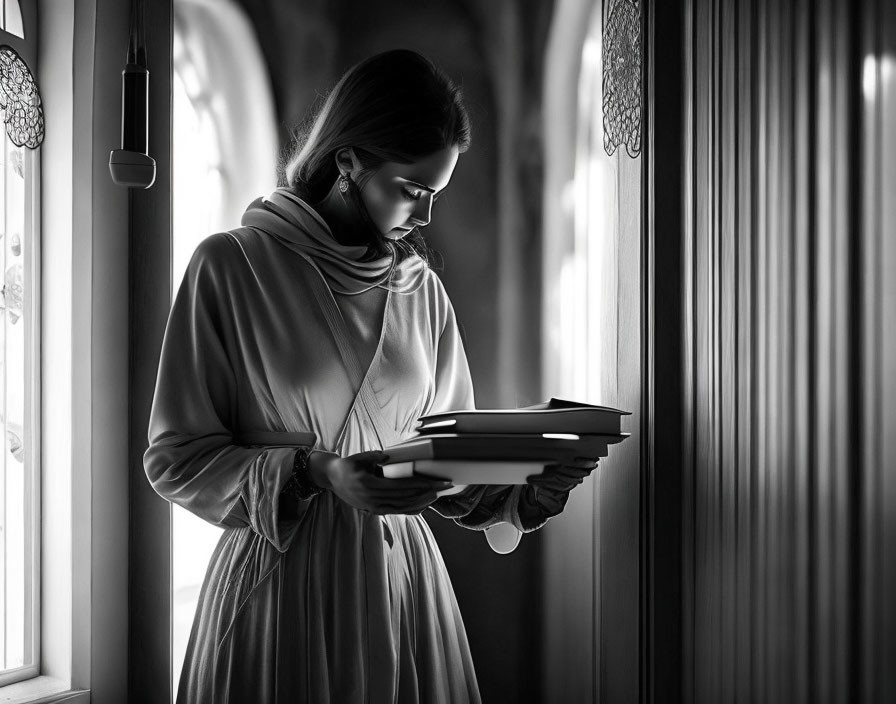 Woman in elegant attire reading book by window with intricate curtains in soft light