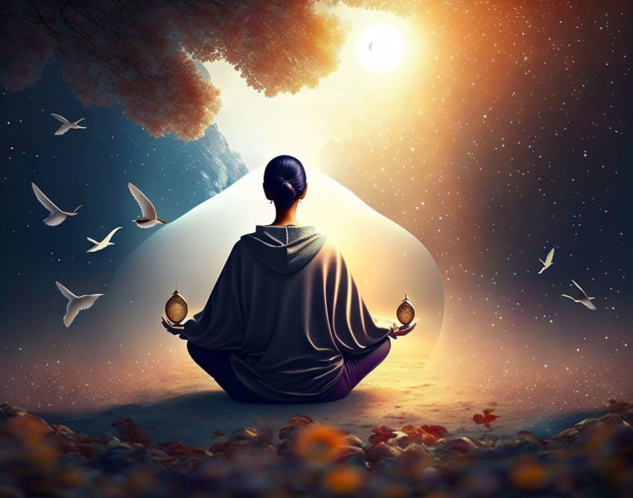 Person meditating under starry sky with lamps, doves, and surreal sunset blend