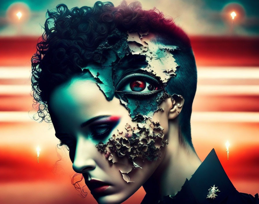 Digital artwork: Woman with crumbling face revealing red robotic eye on colorful background