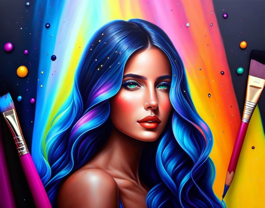 Colorful digital art featuring woman with blue and purple hair on abstract background.