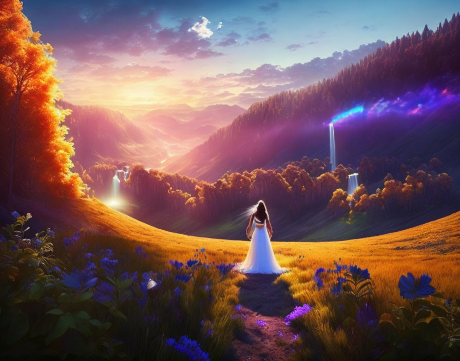 Person in white dress in colorful meadow at sunset with waterfalls and mountains