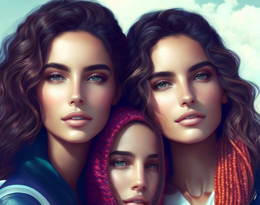 Detailed Digital Artwork: Three Women with Blue Eyes and Wavy Brown Hair