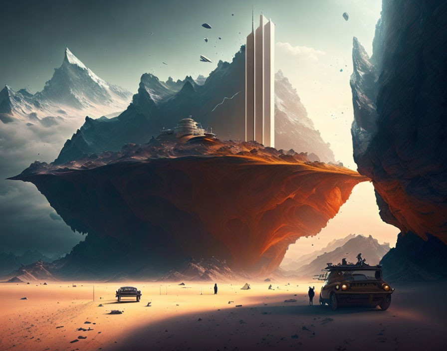 Futuristic sci-fi scene with floating island, desert buildings, and dramatic sky