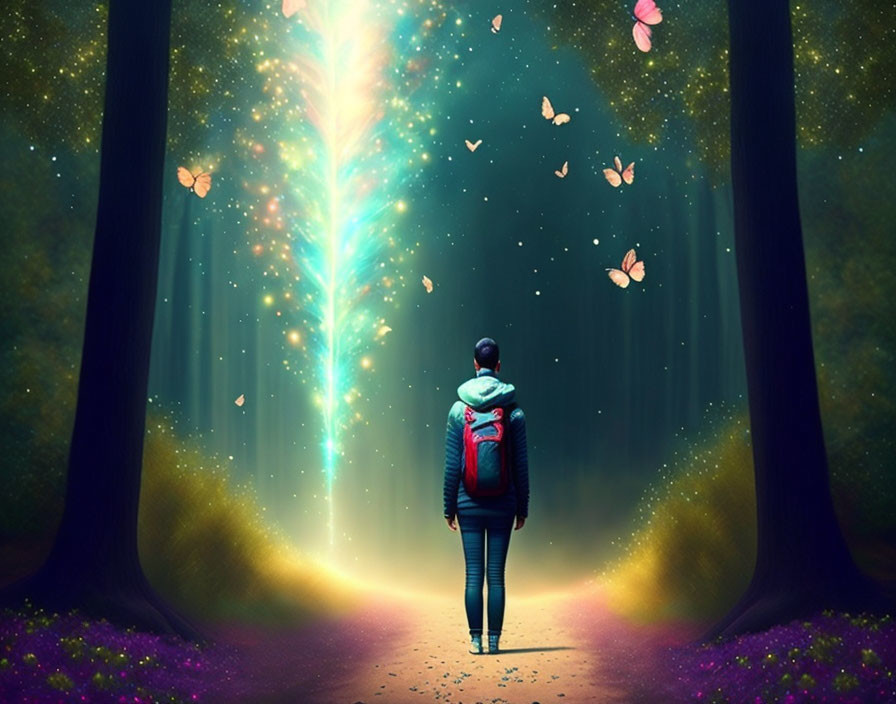 Person with backpack admiring mystical light and butterflies in twilight forest