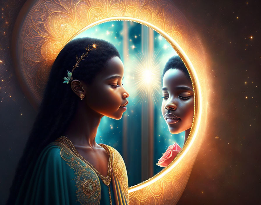 Young woman admires reflection in celestial-themed glowing mirror