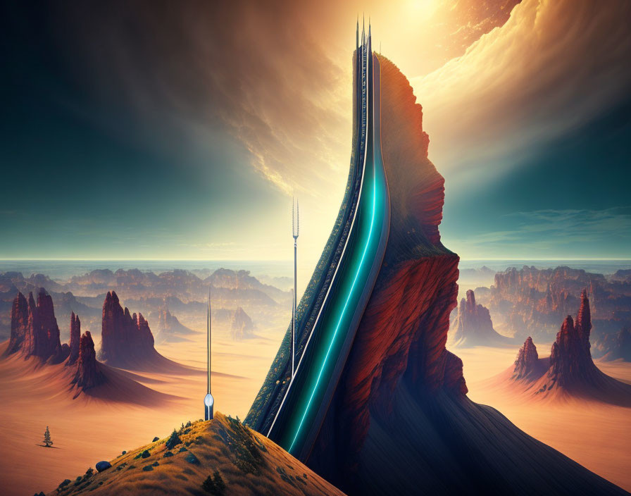 Futuristic cityscape with sleek towers on a desert cliff under a dramatic sky