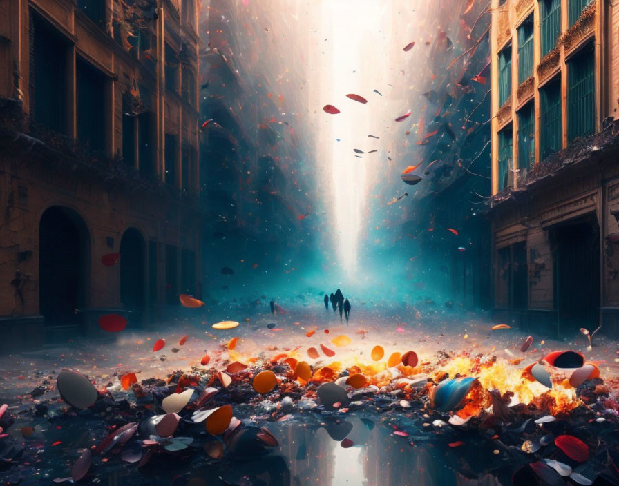 Colorful surreal street scene with floating pills and couple holding hands