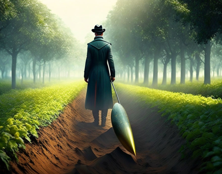 Person in Coat and Hat Walking with Umbrella Along Dirt Path Among Green Crops