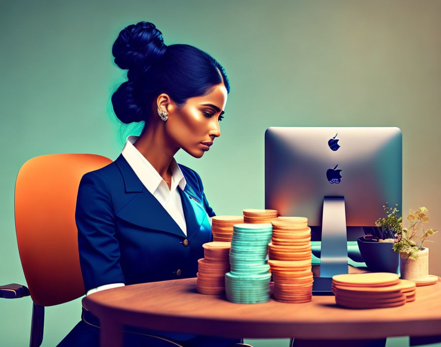 Professional woman in blue suit focused at desk with coins, indicating financial work