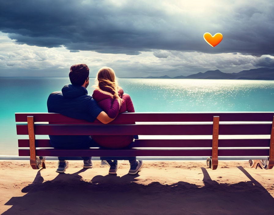 Couple on Beach Bench with Dramatic Sky and Digital Heart Symbol