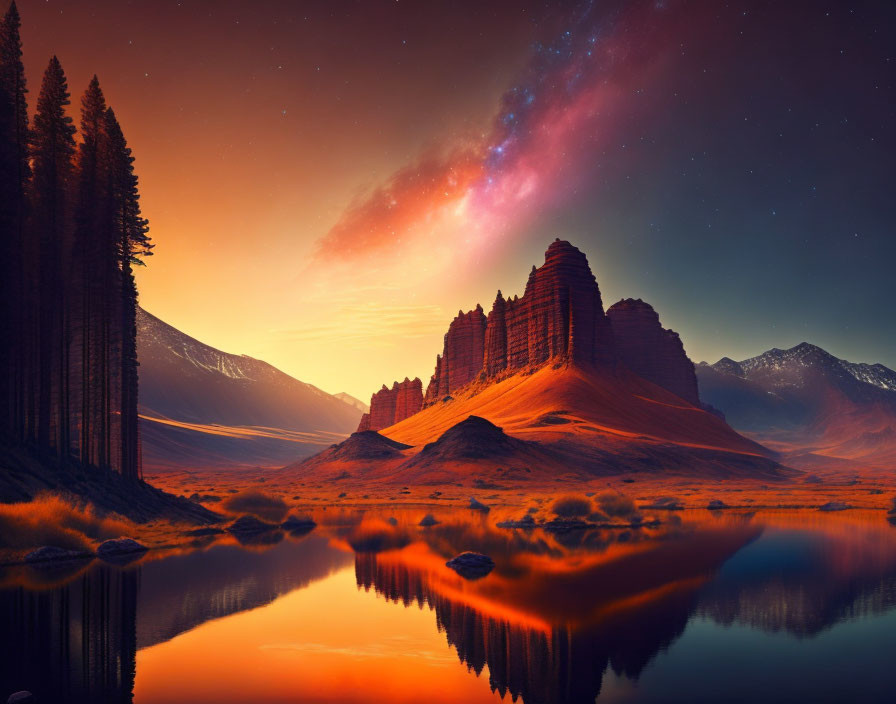 Mountain Range, Starry Sky, Lake, Sunset Palette in Stunning Landscape