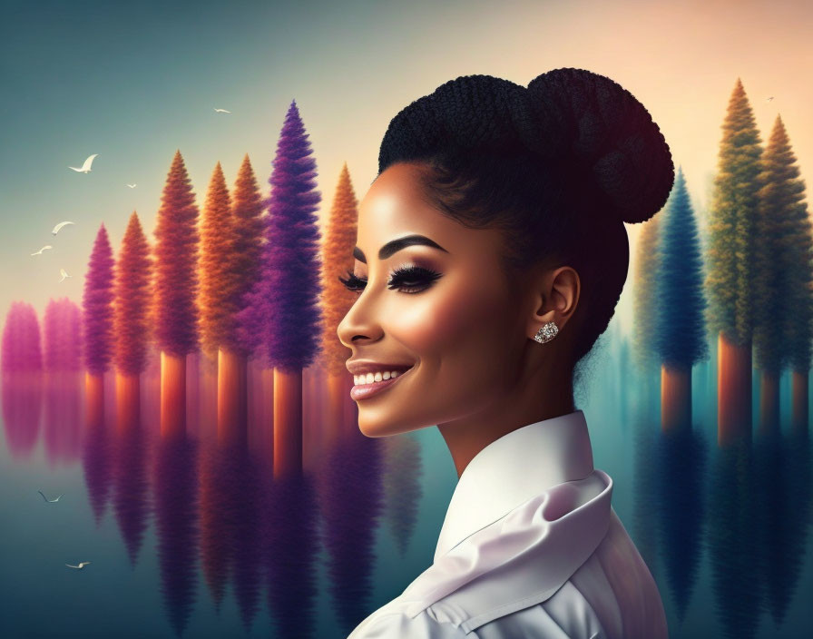 Smiling woman with updo and earrings in colorful, fantastical scene