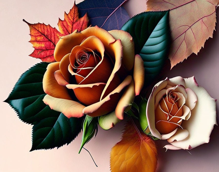 Autumn-themed floral arrangement with warm gradient roses and colorful leaves on pink backdrop