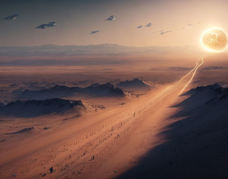 Fantastical desert landscape with floating ships and glowing orb at dusk