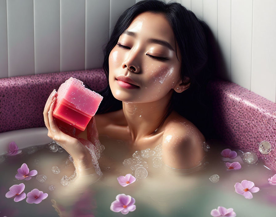 Woman relaxing in bath surrounded by petals with pink sponge