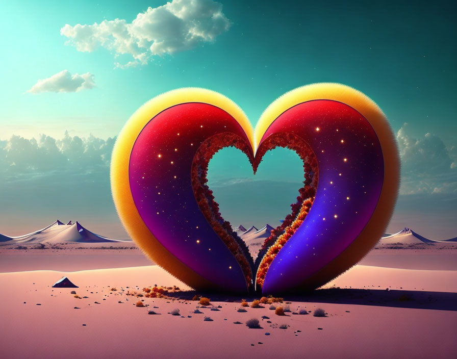 Heart-shaped gateway opens to cosmic desert scene