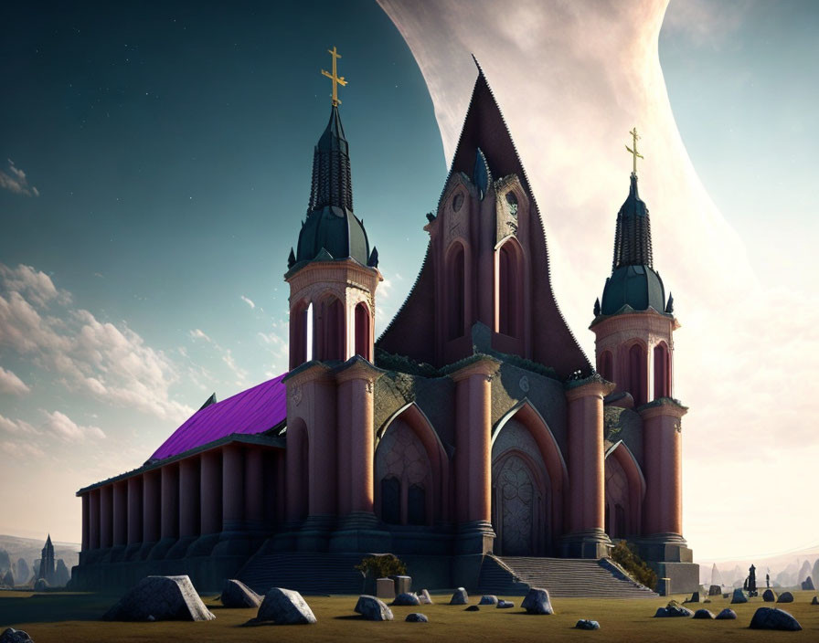 Majestic cathedral with tall spires under surreal sky