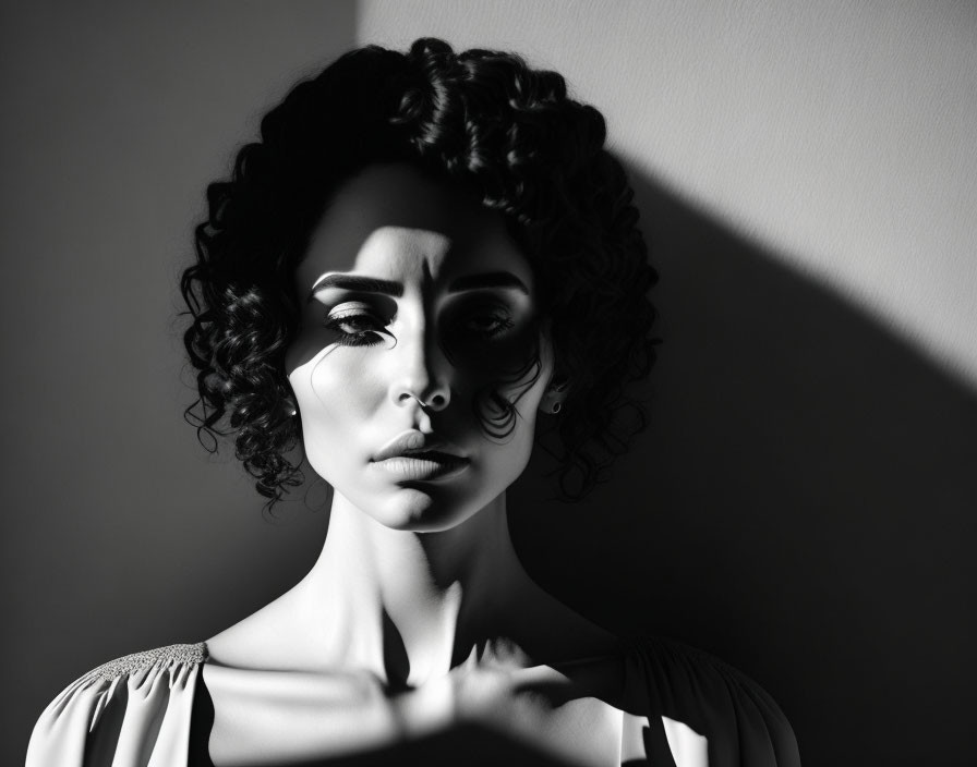 Monochrome portrait of woman with curly hair and dramatic makeup