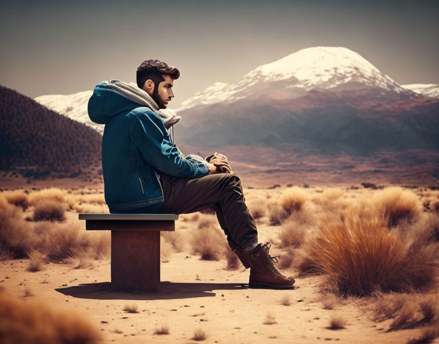 Man in Blue Jacket Contemplating on Bench in Desert Landscape