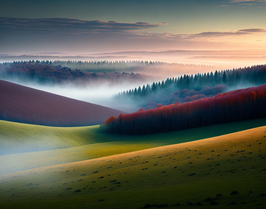 Green grass, autumn forest, misty hills at sunrise