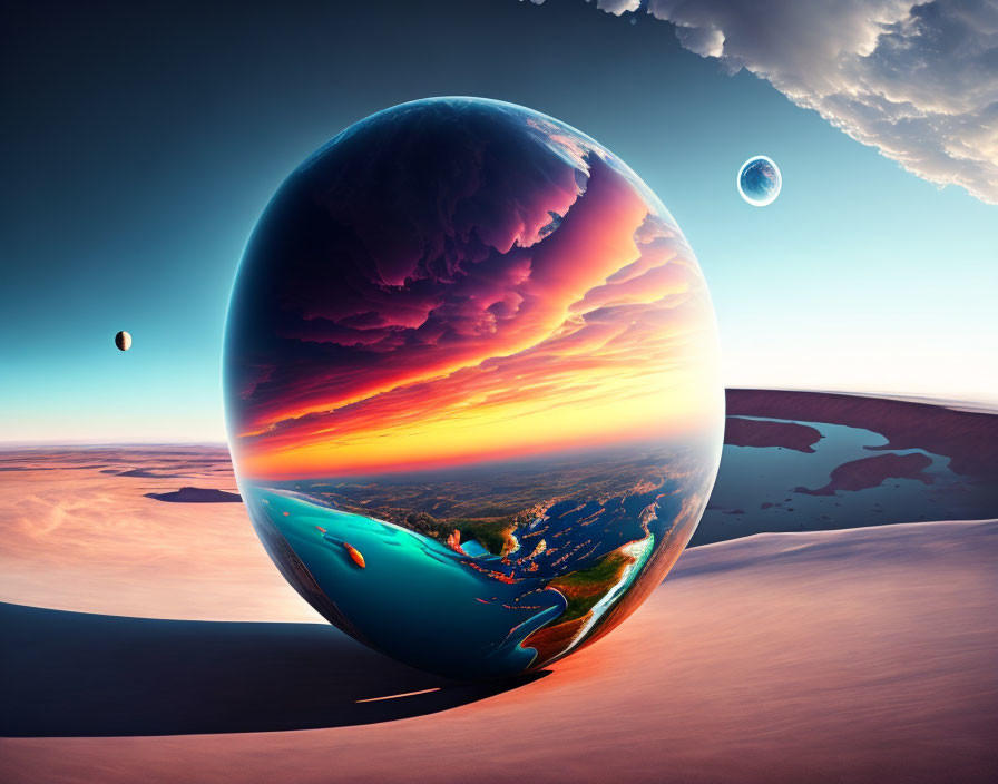 Surreal oversized reflective sphere in desert sunset landscape