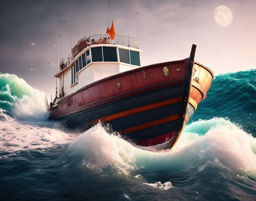 Stormy sky with boat, birds, and moon over turbulent waves