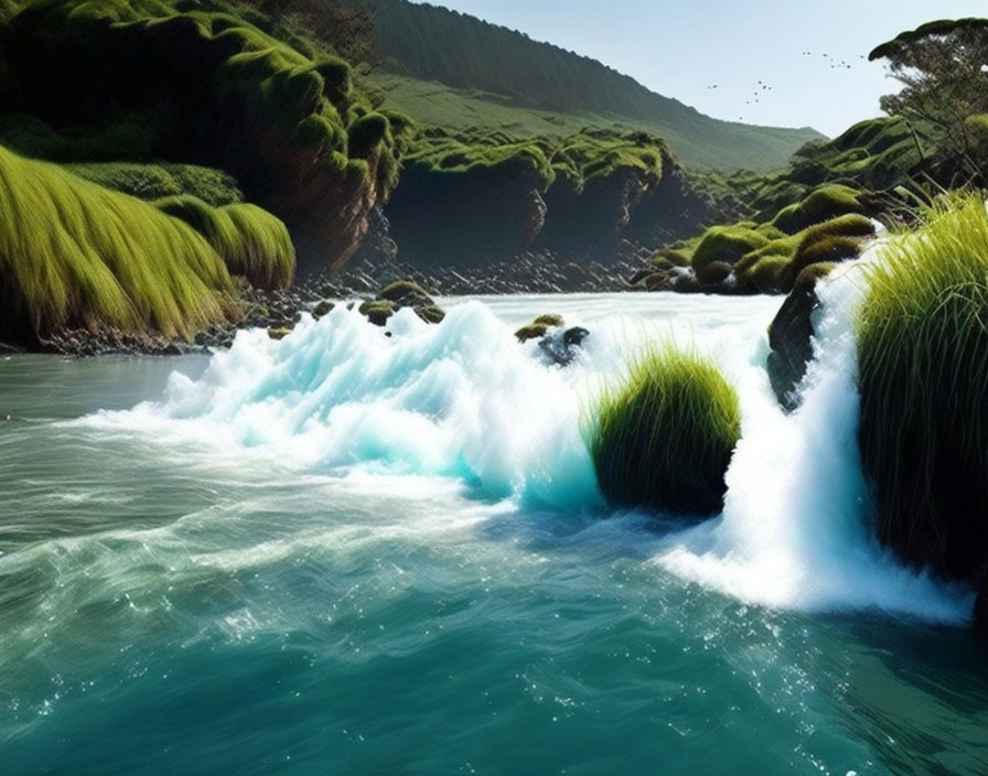 Green hillocks by small waterfall meeting turquoise sea with foam and birds flying overhead