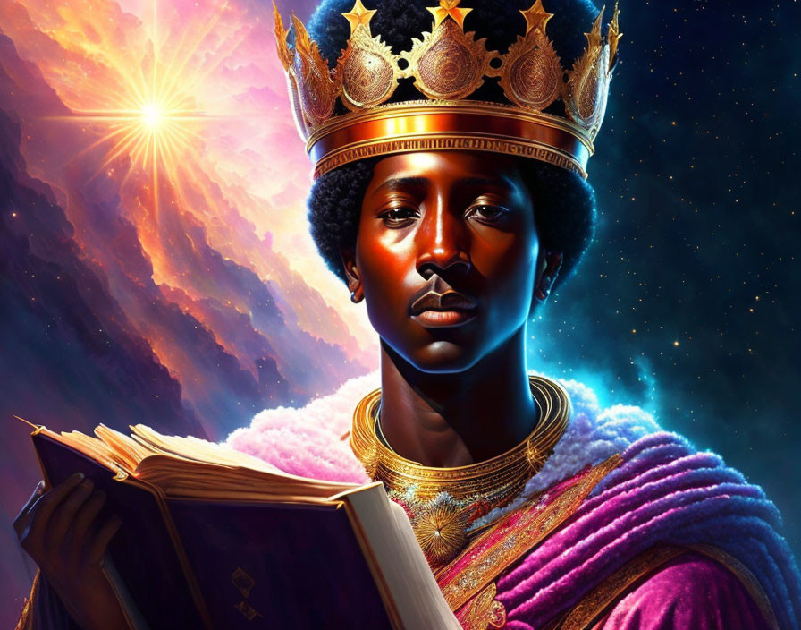 Regal person with crown holding book against cosmic backdrop.