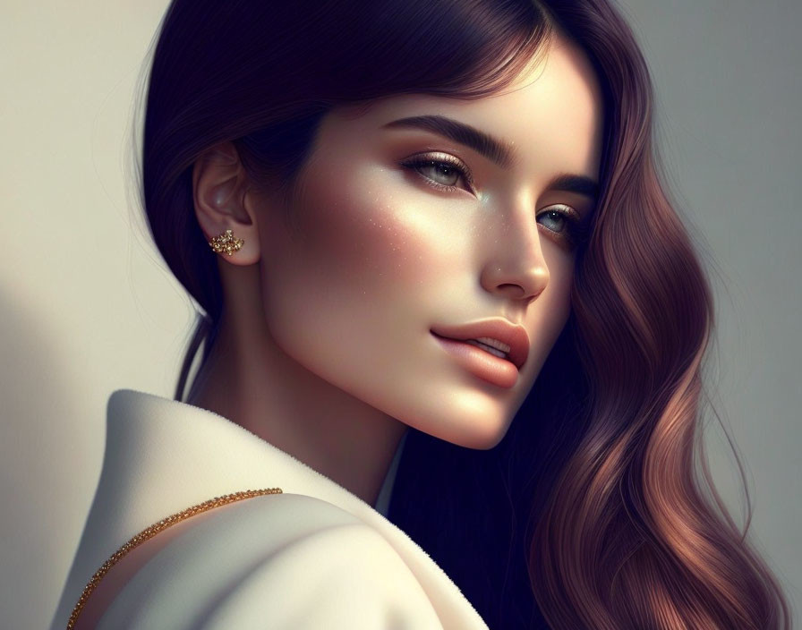 Digital painting of woman with flowing hair and elegant white attire