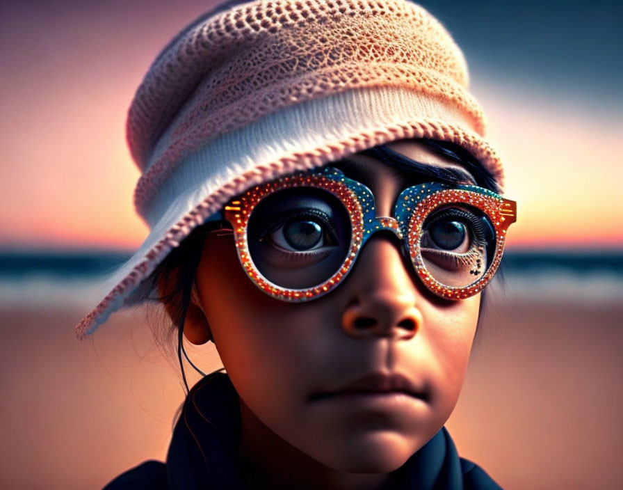 Child with Colorful Glasses and White Hat Against Beach Sunset