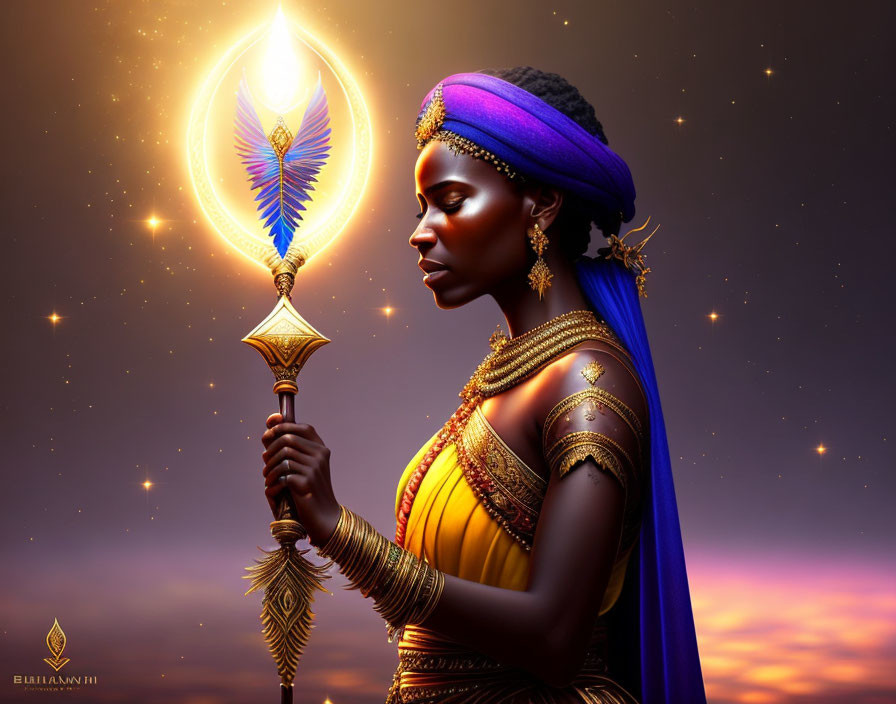 Illustrated woman with radiant staff in blue and gold attire against twilight sky