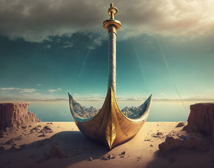 Giant ornate sword in desert landscape under dramatic sky