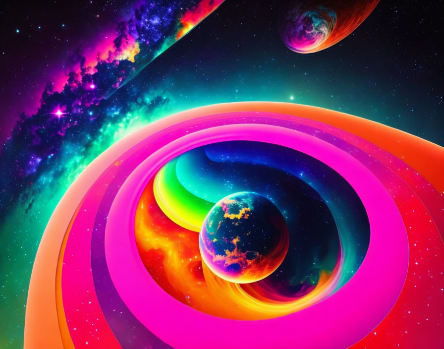 Colorful digital art: Psychedelic celestial bodies in cosmic space